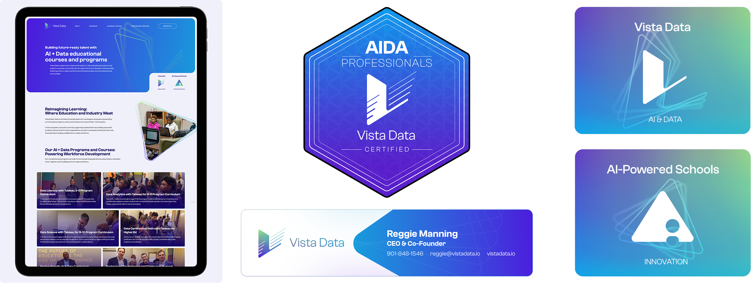 Vista Data brand in use: iPad showing the website, AIDA Professionals certification badge, mail signature, and Vista Data AI & Data and AI-Powered Schools brand cards